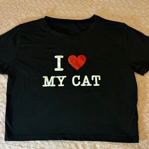 I Love My Cat Black Womens Stretchy Crop Tee with Red Heart sz Medium